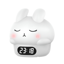 Cute Series Night Light Alarm Clock Tapping Shy Rabbit, alb