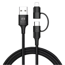 Cablu Mcdodo Atom Series 2 în 1 USB-A la Lightning+Type-C cu LED 2.4A 1.2m, negru