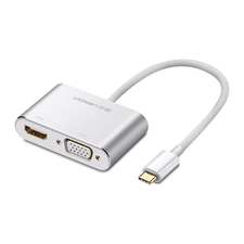 UGREEN Adaptor USB-C la HDMI 4K@30Hz + VGA 1080p@60Hz (utilizare simultană) cu PD | CM162, argintiu