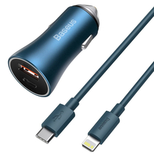 Baseus Car Charger USB/Type-C Dual Quick Charger 40W（With Baseus Cable Type-C to Lightning 1m）, Blue