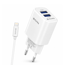 BAVIN Wall Charger Dual USB 2.4A + Cable Lightning, White