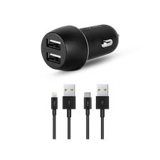 ttec Car Charger Duo 2*USB-A 3.1A with Lightning and Type-C Cable, Black