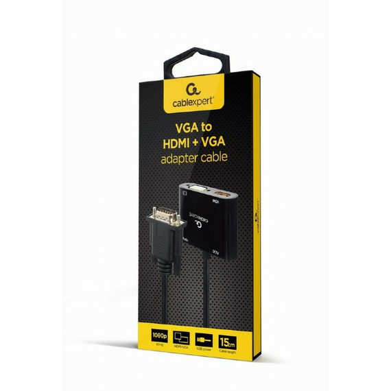 Adaptor Cablexpert A-VGA-HDMI-02, VGA D-Sub (M) - HDMI (F) + VGA, 0.15 m, Negru, 3 image