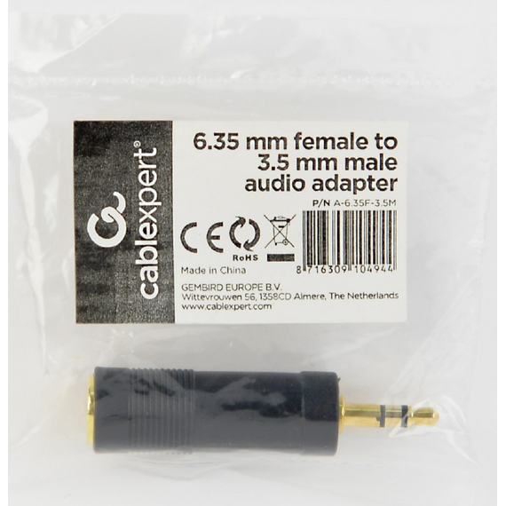Audio Adaptor Cablexpert A-6.35F-3.5M, 6.35mm 3-pin (F) - 3.5mm 3-pin (M), Negru, 2 image