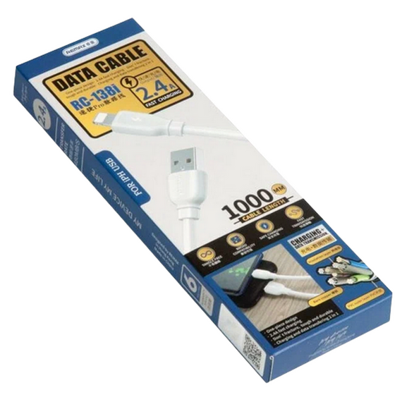 Cable de date Remax RC-138i, USB Type-A/Lightning, 1m, Alb, 2 image
