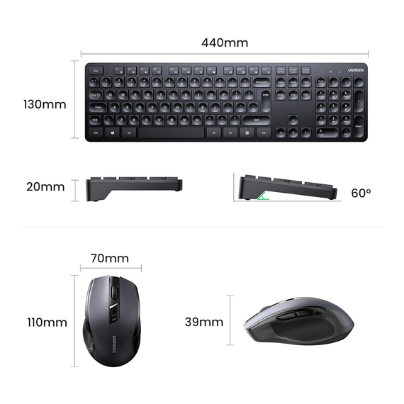 UGREEN Tastatură combo fără fir și mouse ergonomic US MK006, negru, 2 image