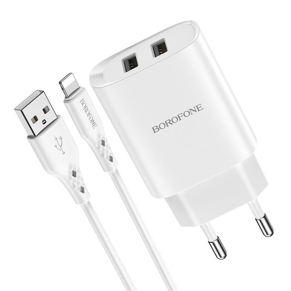 Borofone Încărcător de perete cu Сable USB to Lightning BN2 2xUSB 2.1A, alb