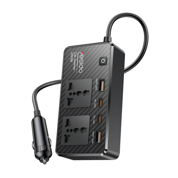 Yesido Invertor auto 12V 200W Max 1*AC220v 1*200W 2*USB-A 2*Type-C, negru