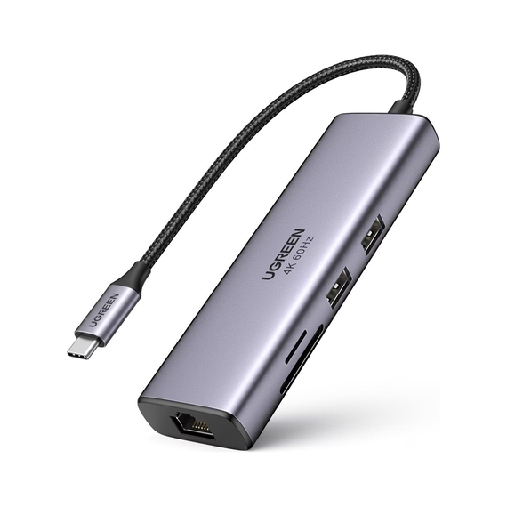 UGREEN HUB 7in1 USB-C To 4K@60Hz HDMI + 2*USB-A 3.0 + RJ45 Gigabit + SD/TF Card Slot + PD 100W | CM512, Gri
