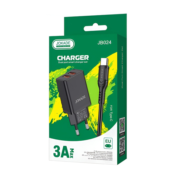 Jokade Încărcător de perete cu cablu USB-A la Type-C Dual Port JB024 3A, negru, 2 image
