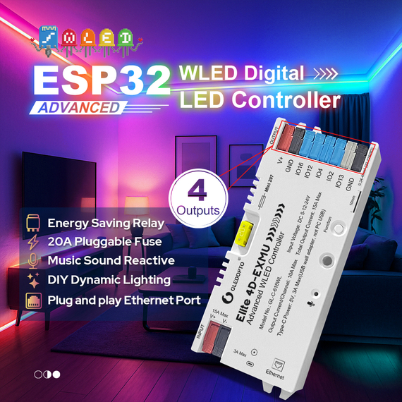 Gledopto Elite 4D-EXMU Advanced ESP32 WLED Digital LED Controller RGB / RGBW / RGBBCCT cu 4 ieșiri, LAN (GL-C-618WL), DC5 ~ 24V, ieșire max 15A, max 800ICs, 2 image