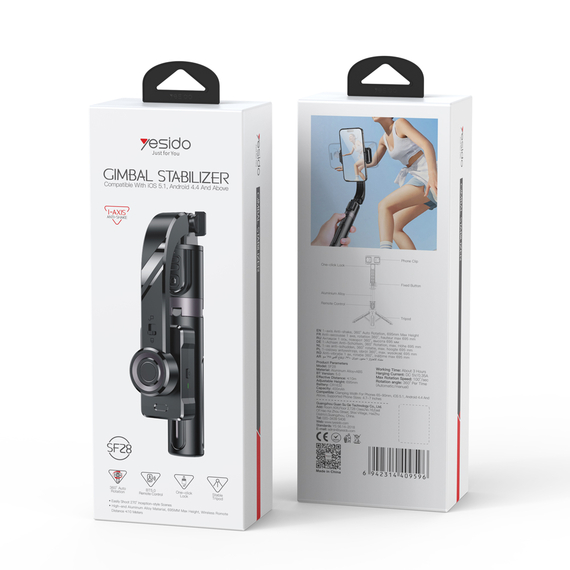 Yesido Bluetooth 5.0 Selfie Stick + Gimbal 360°, trepied pliabil Stabilizator 400mAh 70cm (SF28), negru, 2 image