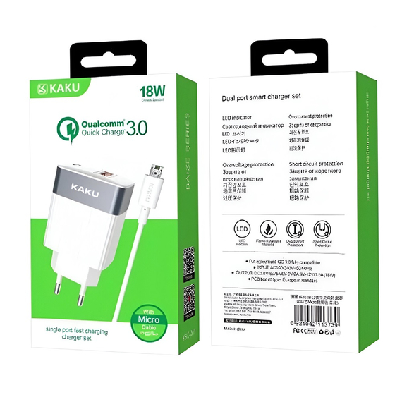 Ksiga Încărcător de perete cu cablu USB la Micro-USB 18W KSC-369 Baize, alb, 2 image