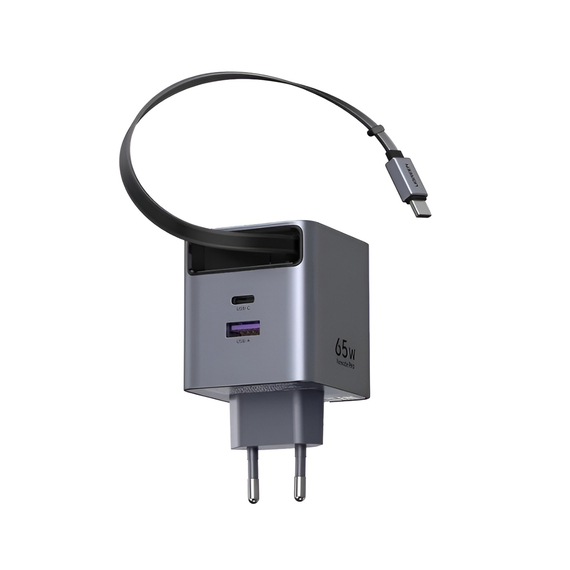 UGREEN Încărcător rapid GaN 1*Type-C + 1*USB-A cu cablu Type-C retractabil, 65W, negru | X615, 2 image
