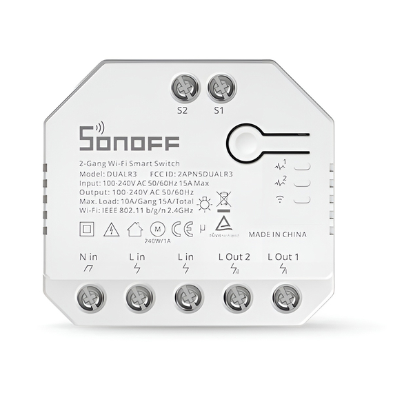Întrerupător inteligent Sonoff Wi-Fi 2-Gang DUALR3 cu măsurare a puterii (fir neutru)