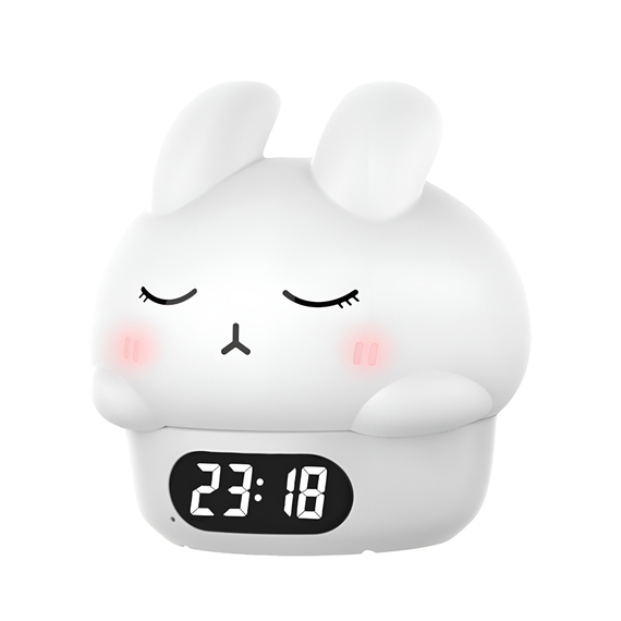 Cute Series Night Light Alarm Clock Tapping Shy Rabbit, alb
