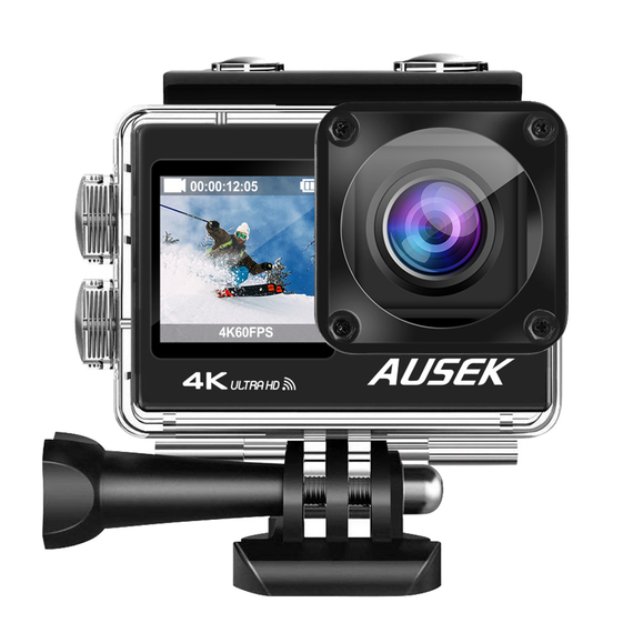 AUSEK Cameră de acțiune WiFi cu ecran dual color, 16MP, 4k/30fps, 900mAh, negru