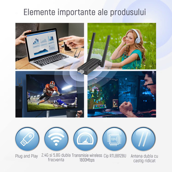 Adaptor Wi-Fi 6 USB 3.0 de mare viteză, 1800Mbps, 2 image