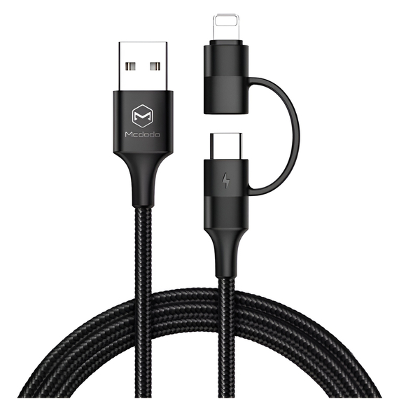 Cablu Mcdodo Atom Series 2 în 1 USB-A la Lightning+Type-C cu LED 2.4A 1.2m, negru