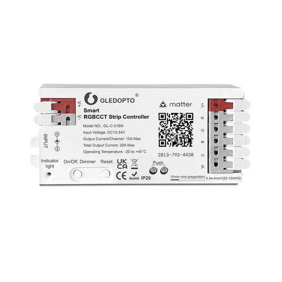 Gledopto Matter over WiFi Smart LED Controller RGB+CCT (GL-C-218M), intrare DC12~24V, ieșire 15A/CH, max 20A în total, suportă PUSH dimming.