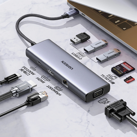 UGREEN HUB 9in1 USB-C către HDMI (4K@60Hz) + VGA+ 3*USB-A 3.0 + Gigabit RJ45 +SD/TF + PD 100W | CM498, Gri, 2 image