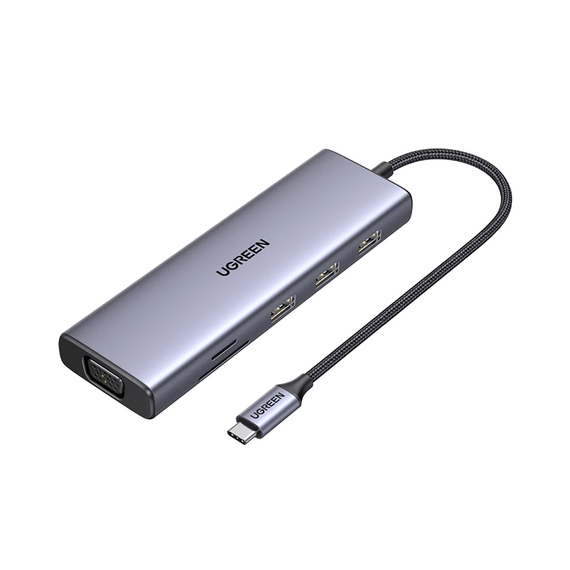 UGREEN HUB 9in1 USB-C către HDMI (4K@60Hz) + VGA+ 3*USB-A 3.0 + Gigabit RJ45 +SD/TF + PD 100W | CM498, Gri