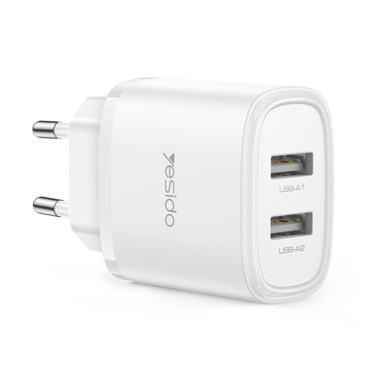 Încărcător de perete Yesido 2*USB-A 24W Max YC72, alb
