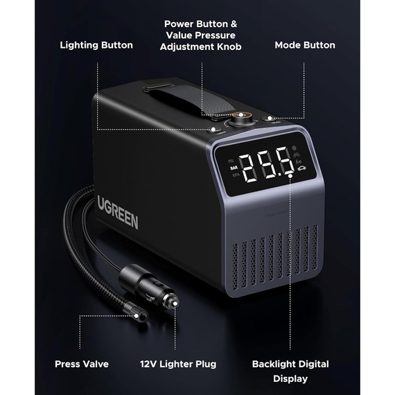 UGREEN Inflator de anvelope portabil Pro, baterie 4500 mAh, 150 PSI, ET723, negru, 2 image