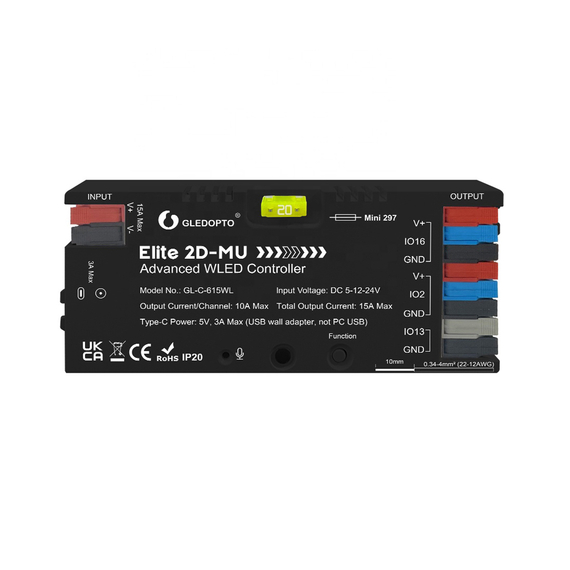 Gledopto Elite 2D-MU Advanced ESP32 WLED Digital LED Controller RGB/RGBW/RGBCCT (GL-C-615WL), DC5~24V, ieșire totală max 15A, max 800 IC-uri conectate