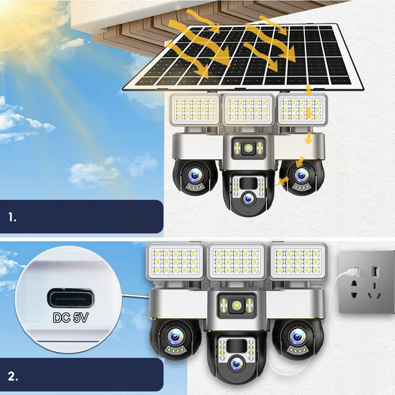 Cameră de securitate triplă 4G în aer liber cu panou solar, 2 image