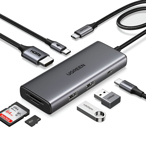 UGREEN HUB 7in1 Revodok Pro 107 Tip-C la 2*USB-A 3.0 + 2*Tip-C + HDMI+SD/TF 100W PD CM498, Gri spațial, 2 image