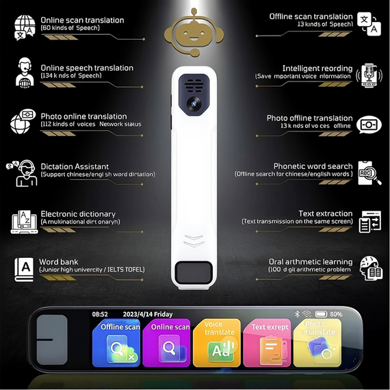 Translation Pen S08B 134 Limbi/13 offline, 3.93", 1/8 GB, 820mAh, alb, 2 image