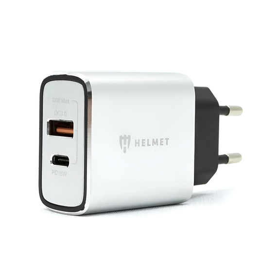 Încărcător de perete pentru cască USB/Type-C QC3.0 18W, argintiu