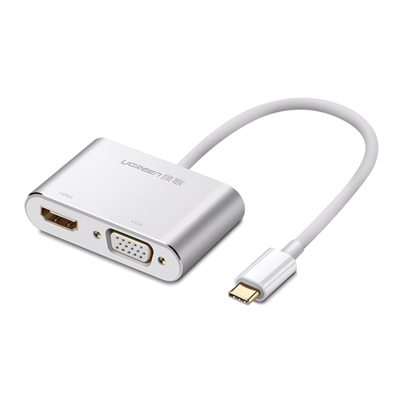 UGREEN Adaptor USB-C la HDMI 4K@30Hz + VGA 1080p@60Hz (utilizare simultană) cu PD | CM162, argintiu