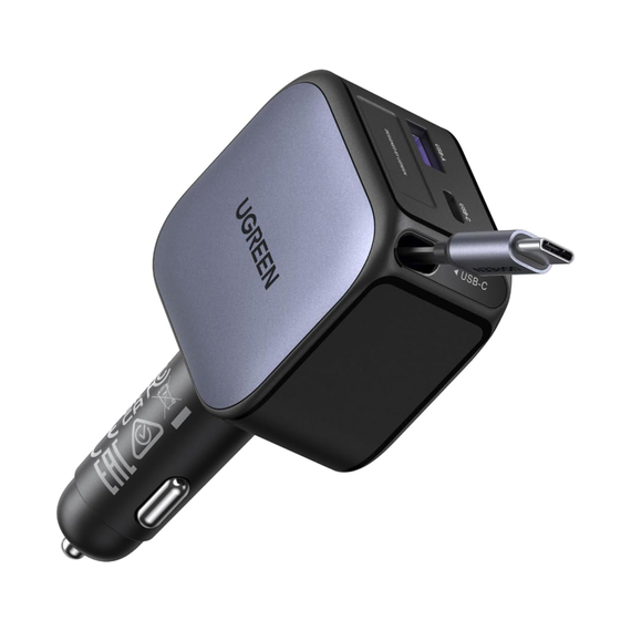UGREEN Încărcător auto 1*Type-C+1*USB-A cu cablu Type-C retractabil, 60W, negru | EC602