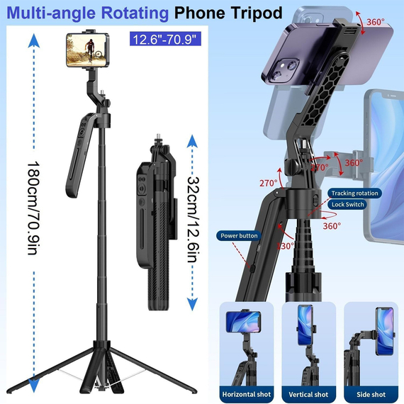 Trepied Auto Face Tracking AI 360 Design detașabil cu telecomandă Selfie C12, 1,8m, negru, 2 image