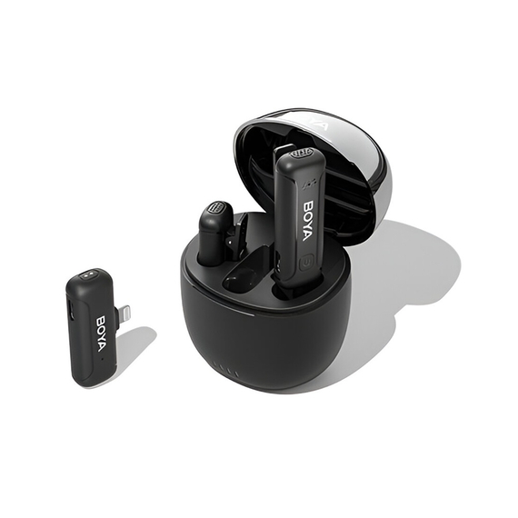 Microfon fără fir Boya 2.4GHz Dual-Channel cu carcasă de încărcare (BY-WM3T-D2), Lightning Jack, negru