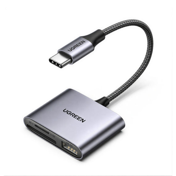 UGREEN Cititor de carduri USB-C către SD/TF + USB 2.0 | CM387, gri