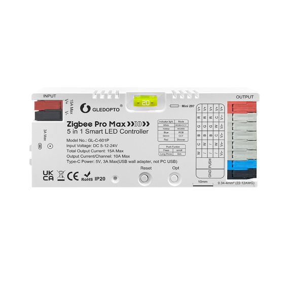 Gledopto ZigBee Pro Max 5in1 LED Controller CCT/RGB/RGBCCT/Single Color (GL-C-601P), Push Switch, DC5~24V, 10A/CH, ieșire totală max 15A