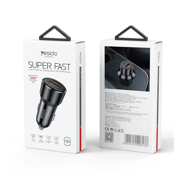 Yesido Încărcător auto Dual Port 1*USB-A+1*Type-C 50W Max 2.4A, negru, 2 image