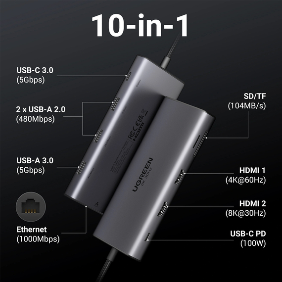 UGREEN HUB 10in1 USB-C la 2*HDMI (8K@30Hz)+USB-A3.0+USB-C3.0+2*USB-A2.0+SD/TF+GigabitRJ45+PD(100W) | CM639, Gri spațial, 2 image