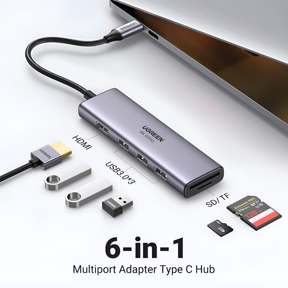 UGREEN HUB 6in1 Type-C 3.0 la HDMI 4K@60Hz + 3*USB-A 3.0 + Convertor SD/TF CM511, Argint, 2 image