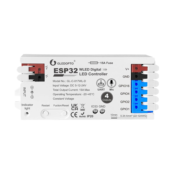 Gledopto ESP32 WLED Digital LED Strip Controller RGB/RGBW cu 4 ieșiri (GL-C-017WL-D), DC5~24V, max 15A ieșire, max 800 ICs, SM16703P, SK6812, WS2811