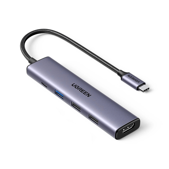 UGREEN HUB 5in1 USB-C la 4K@30Hz HDMI + 2*USB-A 2.0 + 1*USB-A 3.0 PD 100W, gri