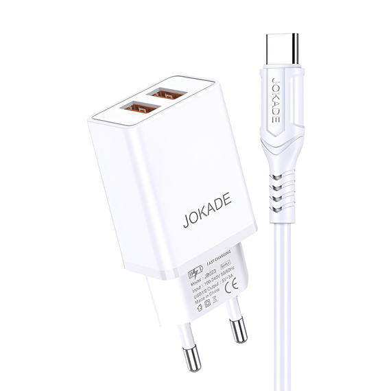 Jokade Încărcător de perete cu cablu USB-A la Type-C Dual Port JB024 3A, alb