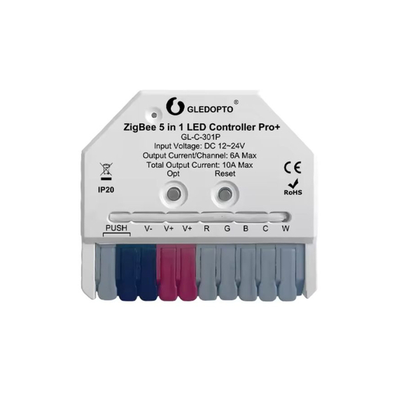 Gledopto ZigBee Pro+ 5in1 Ultra mini LED Controller CCT/RGB/RGBW/RGBCCT/Single Color (GL-C-301P), DC12~24V, 6A/CH, ieșire maximă 10A