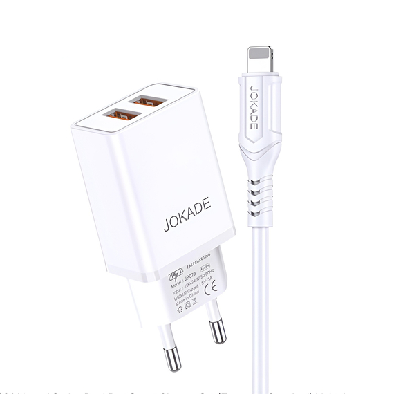 Jokade Încărcător de perete cu cablu USB-A la Lightning Dual Port JB024 3A, alb