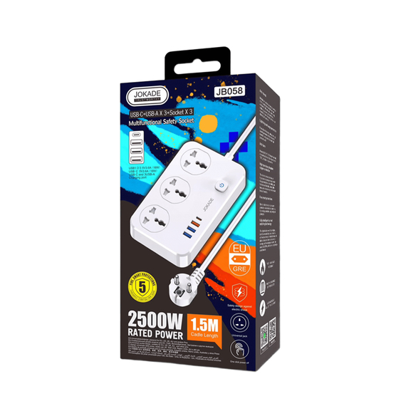Jokade JB058 Priză universală cu 3 ieșiri și porturi USB 1C3A (mufă UE), alb, 2 image