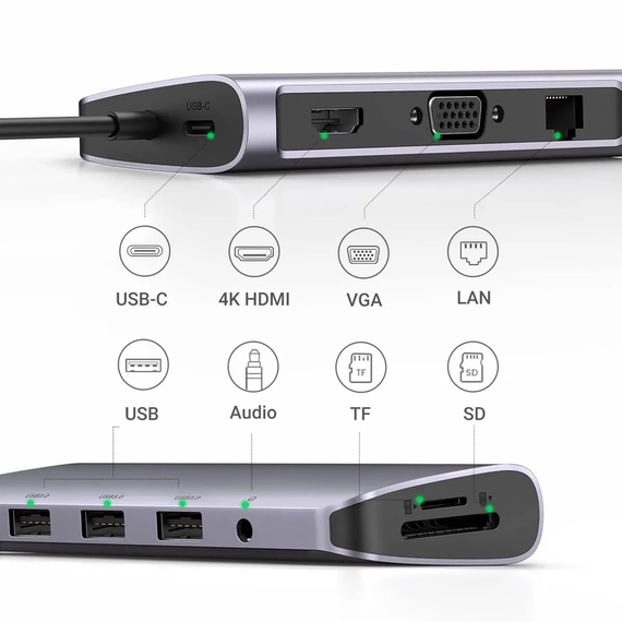 UGREEN HUB 10in1 Type-C 3.0 la 3*USB 3.0 + HDMI + VGA + Gigabit RJ45 +SD/TF + 3.5mm Audio PD 100W CM681, Gri Spațiu, 2 image