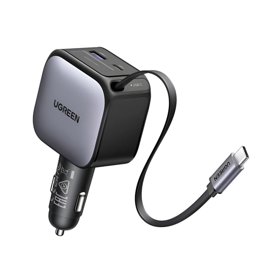 UGREEN Încărcător auto 1*Type-C+1*USB-A cu cablu Type-C, retractabil, 90W, gri | EC603